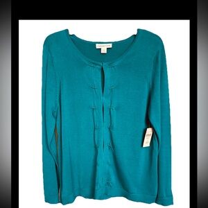 Coldwater Creek Silk Blend Beaded Tucks Cardigan Teal NWT Large 14-16